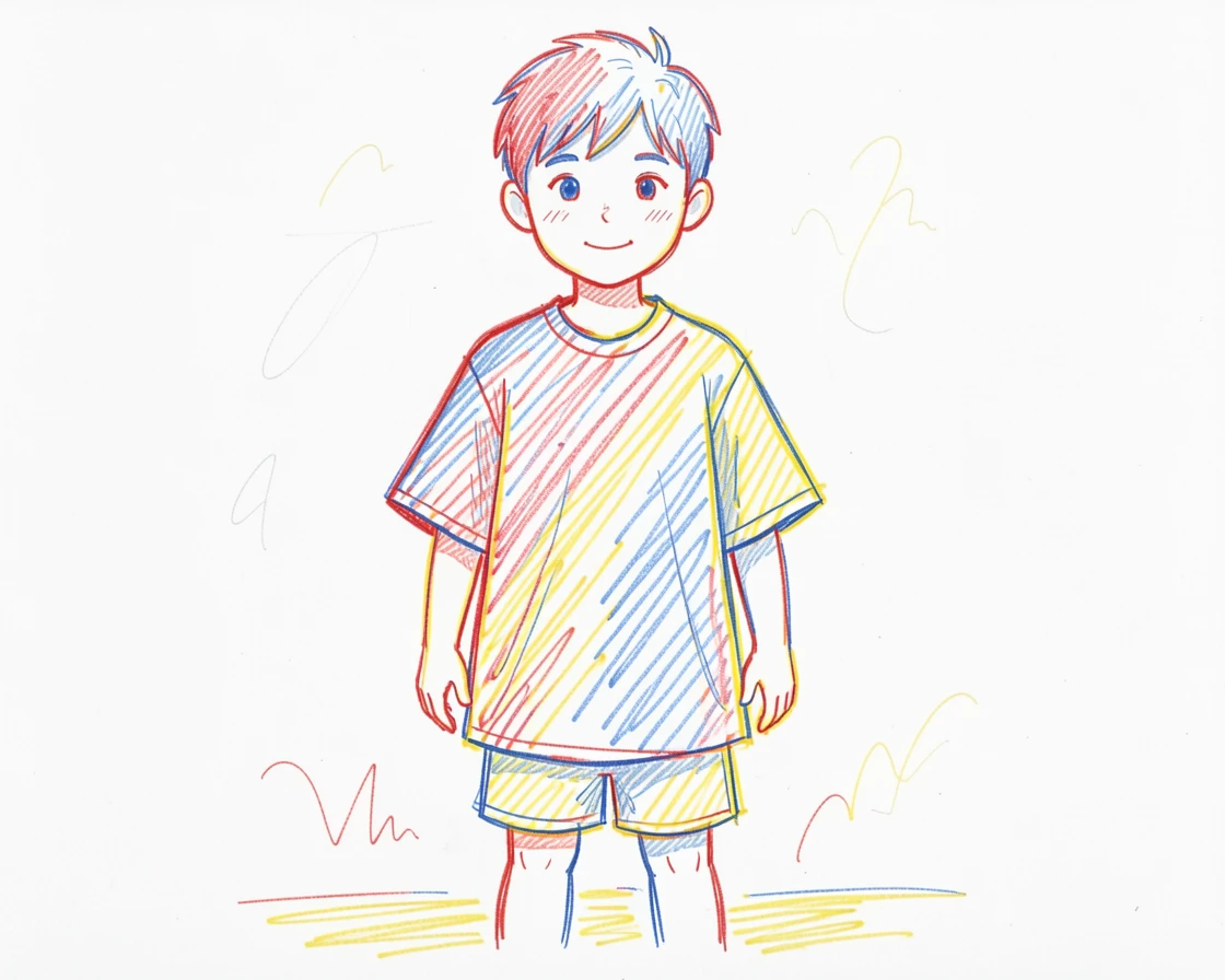 A young boy proudly wearing his older brother's oversized soccer jersey