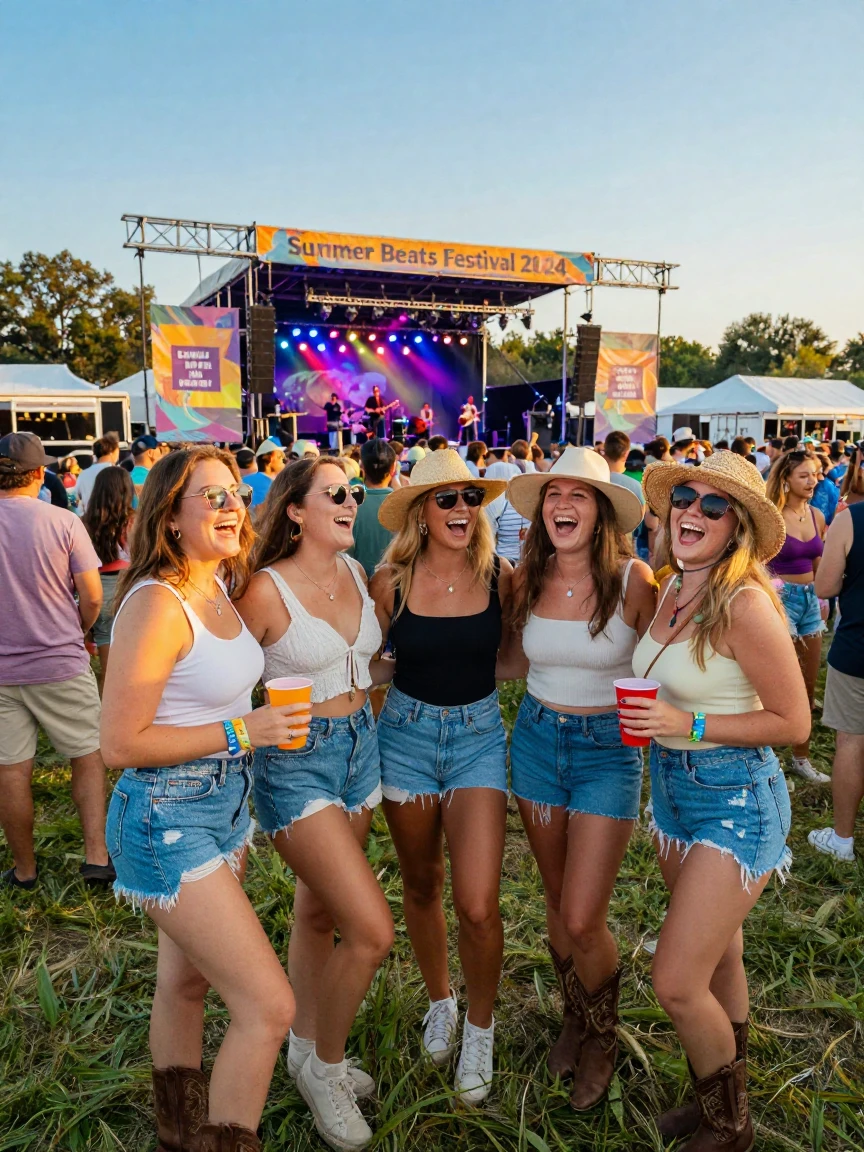 A group of friends at an outdoor summer music festival