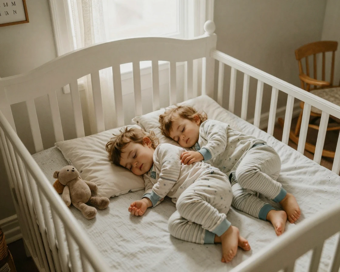 Twin toddlers nap tangled together in a single crib, one hand resting on the other's arm.