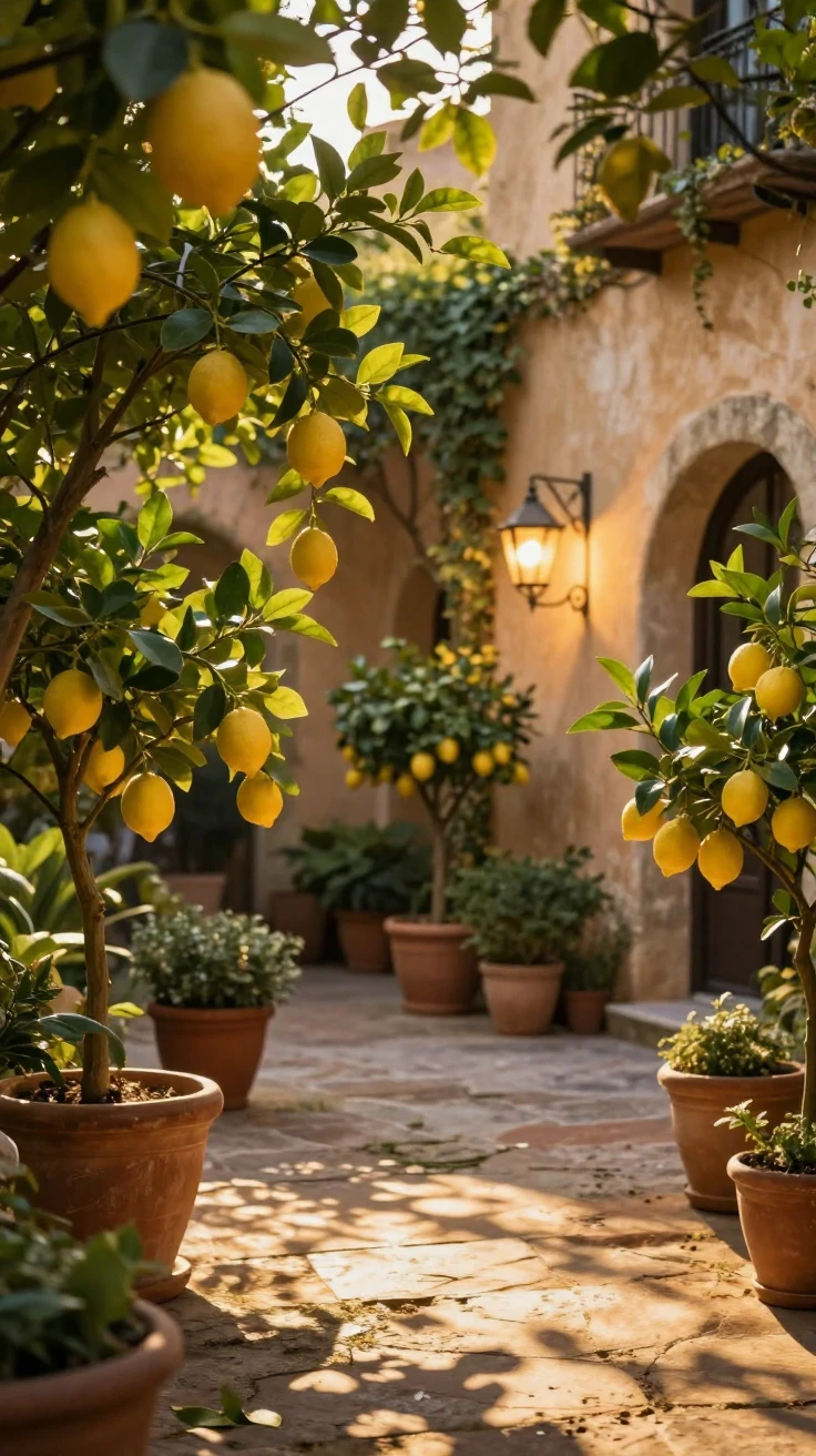 A charming courtyard filled with potted lemon trees, welcoming and warm, on a warm summer evening