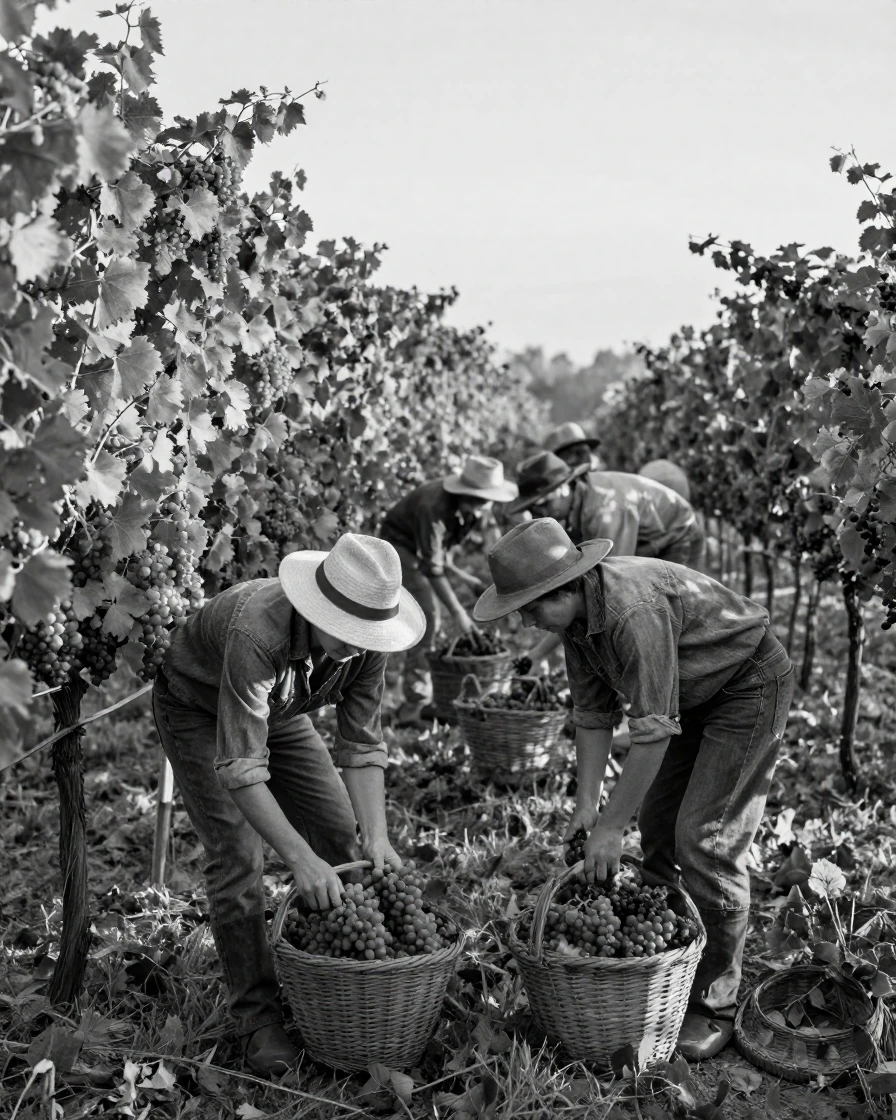 A vineyard harvest fills baskets with ripe grapes beneath rows of trellised vines.
