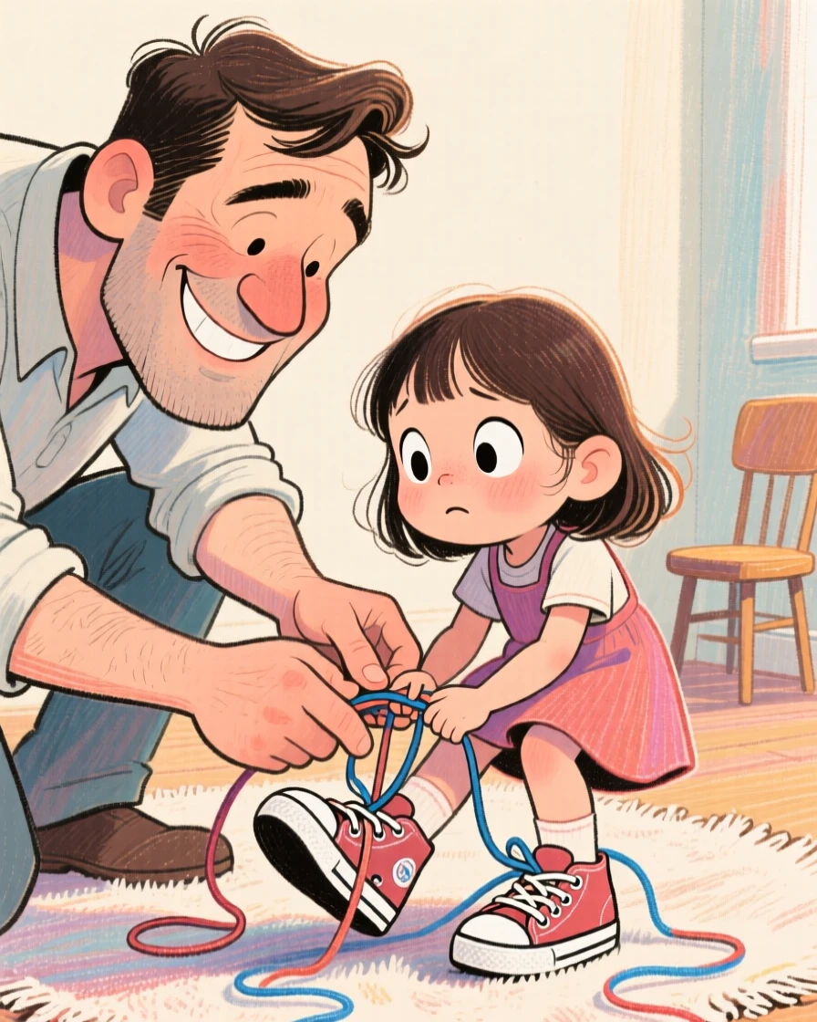A father teaching his daughter to tie her shoelaces for the first time.
