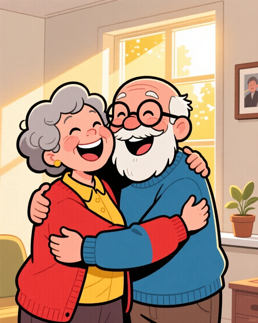 A heartwarming scene of an elderly couple sharing a huge group hug and laughing together, as golden sunlight streams through the window.
