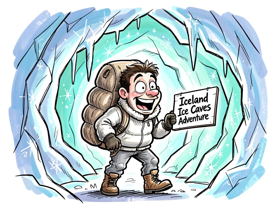 [Travel & Cultural Experiences] Vivid travel scene of a hiker exploring glowing ice caves in Iceland, full of wonder and adventure