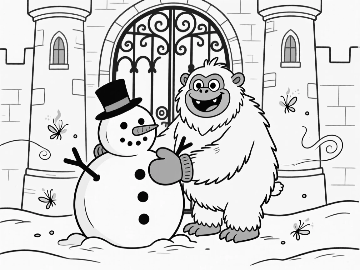 A cheerful yeti building a snowman twice its size, patting the snowman proudly with oversized mittens, set before towering castle gates. Fireflies swirl in lazy spirals nearby. It feels like a page pulled from a beloved fairy tale.