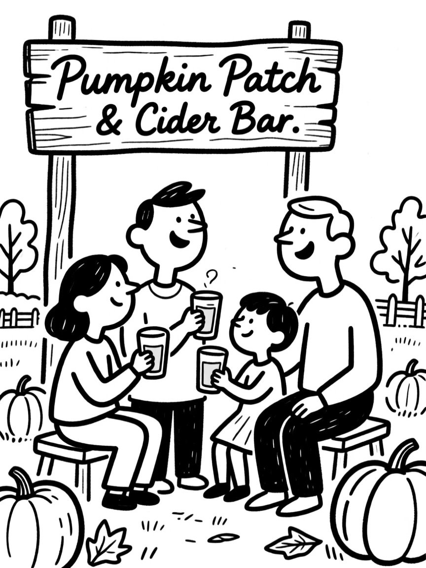 A cozy autumn scene with a family sipping cider at a pumpkin patch.