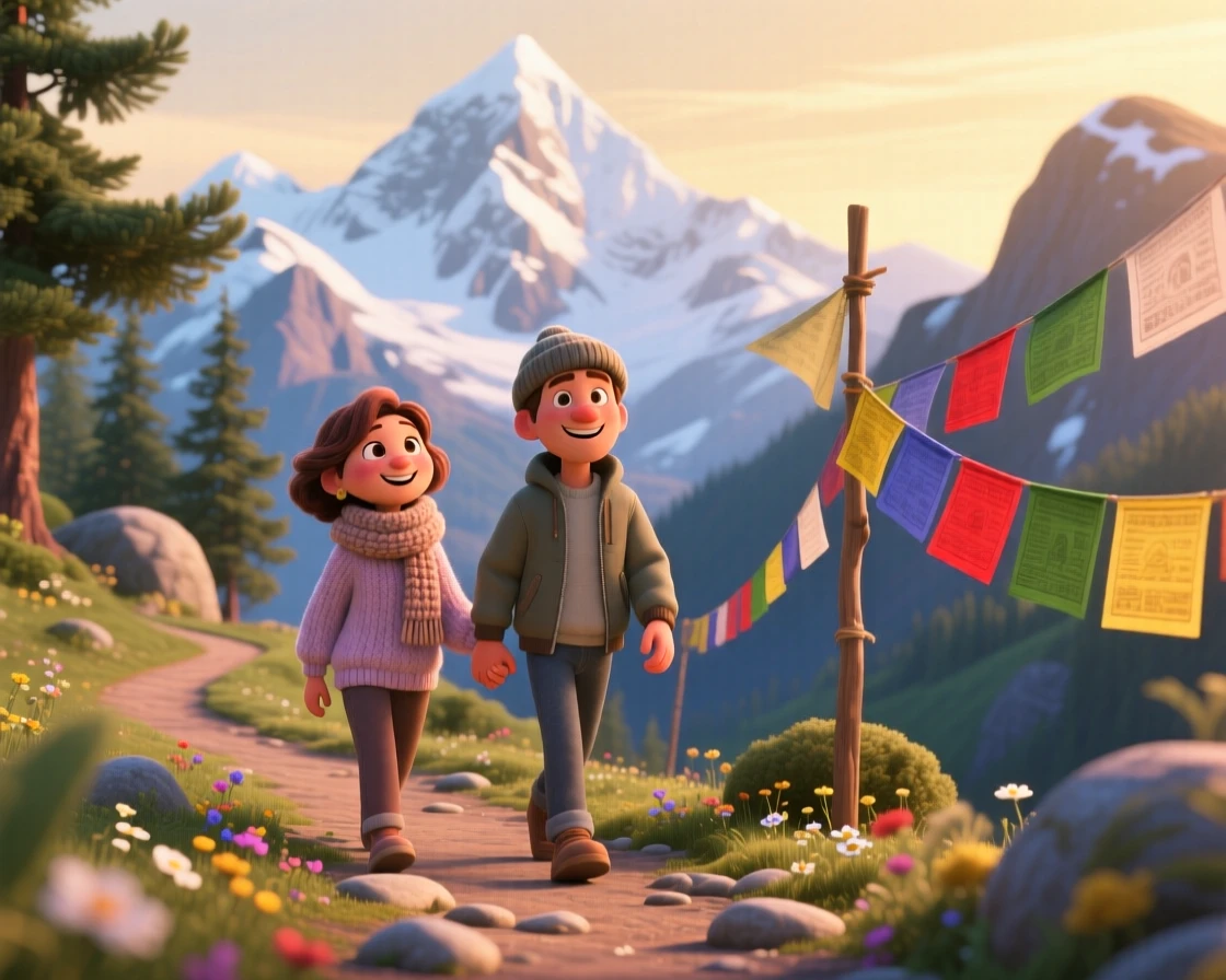 A couple holding hands stands in front of a snow-capped mountain range, walking slowly along the quiet path. A warm sense of gratitude and wanderlust colors the moment, with colorful flags fluttering nearby.