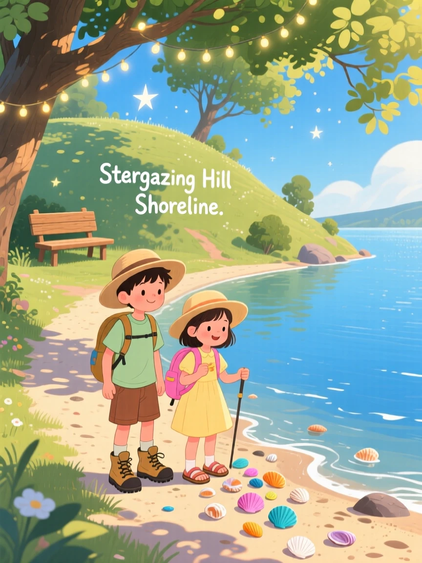 A pair of hiking siblings pauses while searching for shells along a quiet shoreline in a stargazing hilltop, as sunlight filters through the leaves.