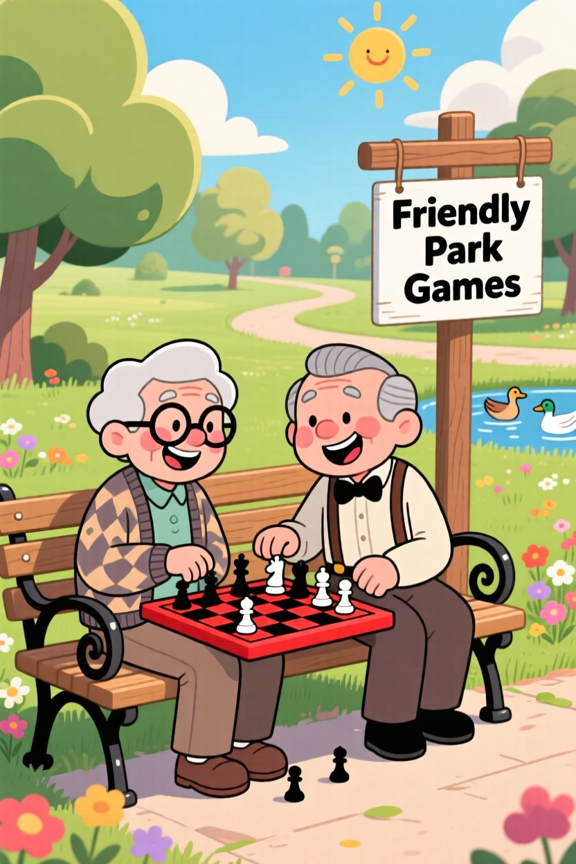 Two elderly friends playing checkers on a park bench.