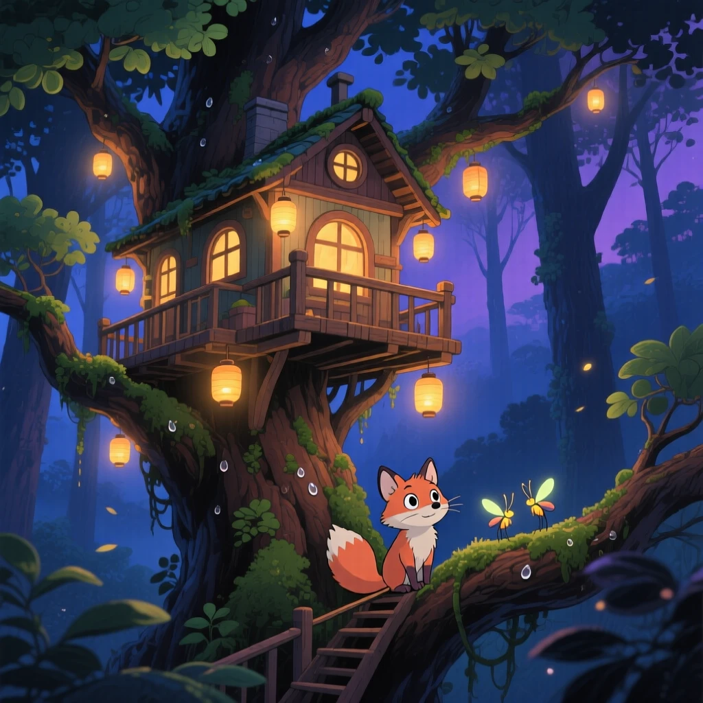 A nighttime scene of a treehouse glowing with lantern light deep in a night forest, peacefully luminous.