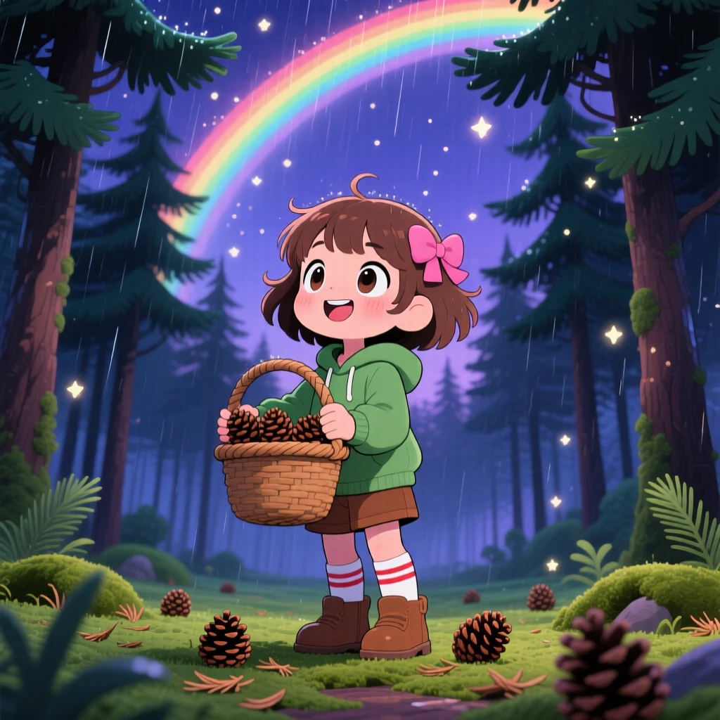 A young girl collecting pinecones in a woven basket, framed as a wide establishing shot within a quiet pine forest, under a rainbow after the rain, glowing under sparkling starlight, evoking brave confidence.