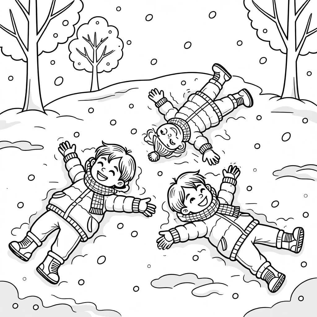 A winter scene with children making snow angels