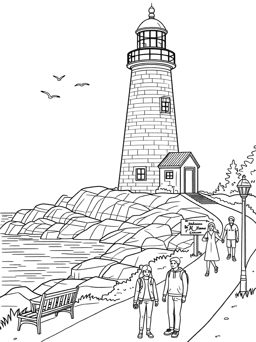 A lighthouse on the rugged coast of Maine, with locals and travelers strolling nearby.