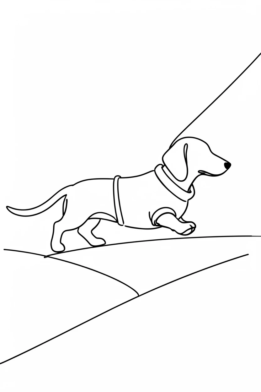 A dachshund wearing a tiny sweater, trotting down a sidewalk on a leash