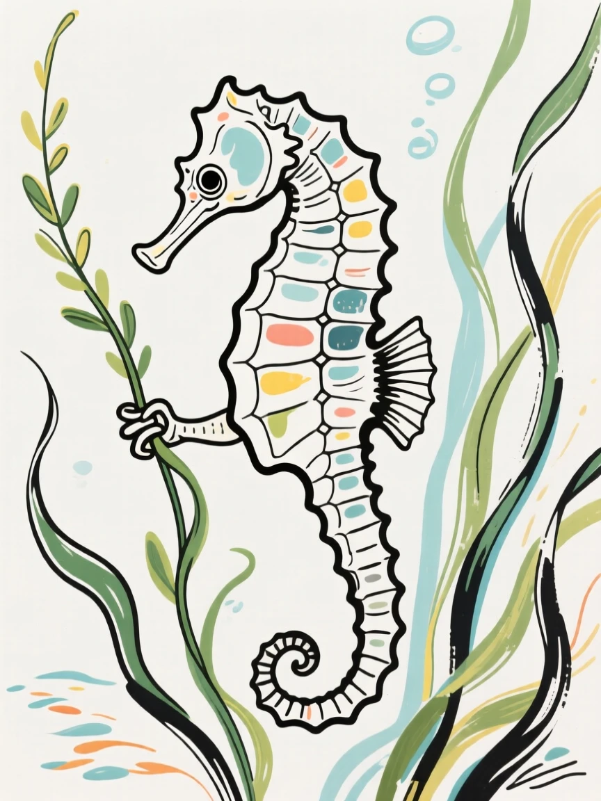 A seahorse gently gripping a strand of swaying seagrass.