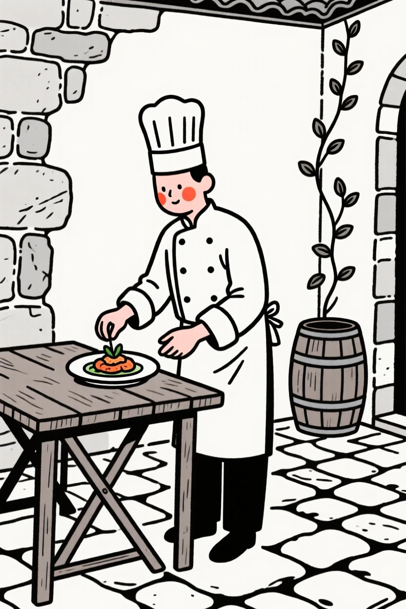 A chef plating a dish in an old stone courtyard.