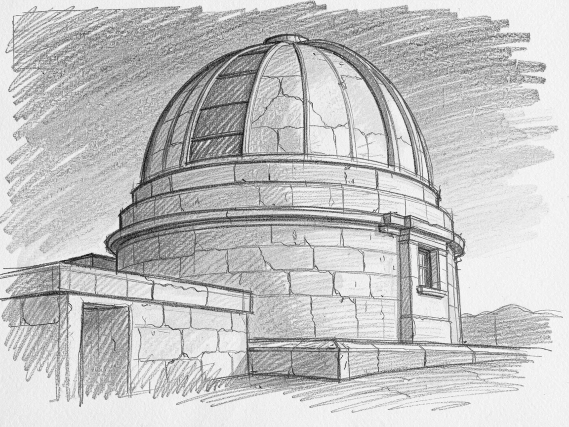 A domed observatory at night at golden hour, with centuries-old stonework weathered by time.