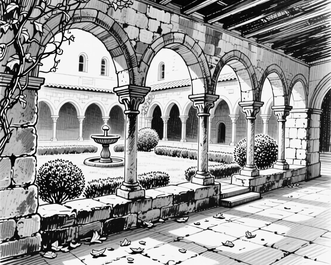 A serene monastery cloister with stone arches enclosing a quiet garden.