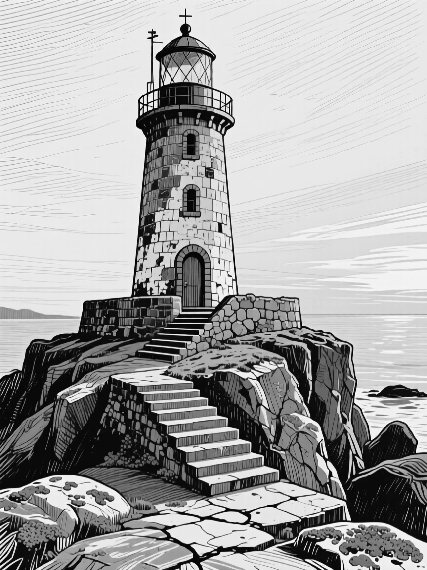 An old lighthouse on a rocky point at golden hour with long shadows, featuring worn stone steps polished by centuries of footsteps, rendered in a cozy and inviting architectural composition.