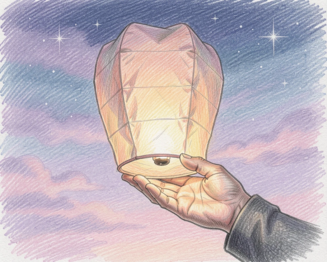 A hand releasing a paper lantern into a twilight sky, with gentle, harmonious colors throughout the scene, perfect for a calming, meditative atmosphere.