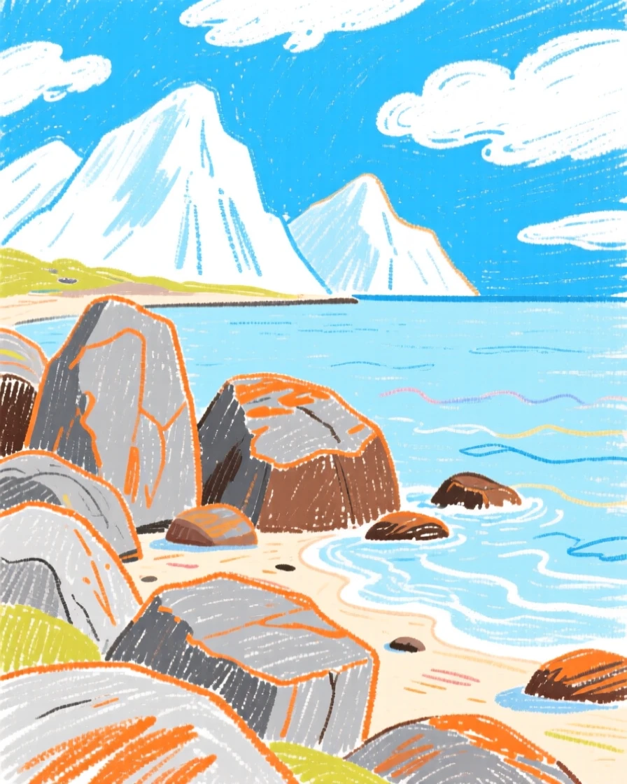 A view of a rocky coastline framed by distant snow capped mountains.