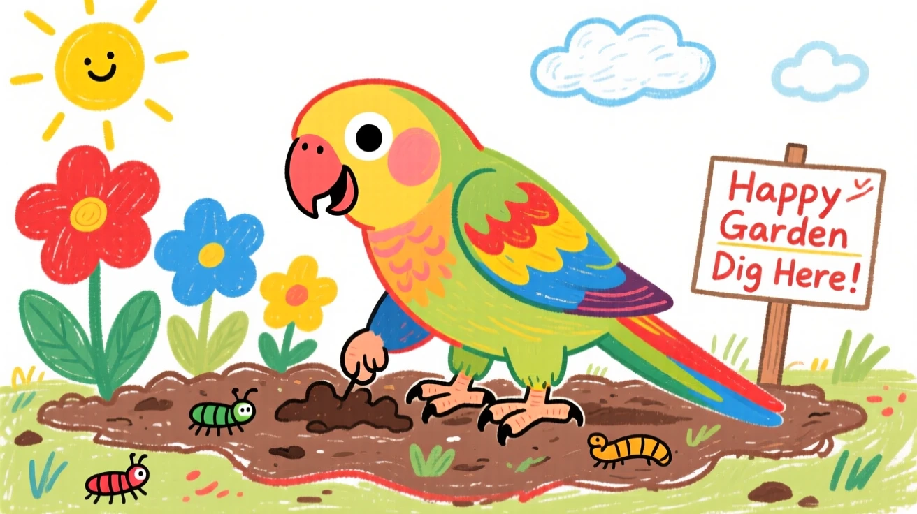 A parakeet with bright feathers digging happily in a garden bed.