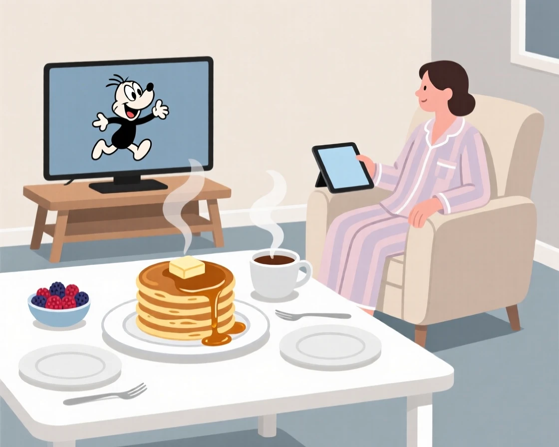A cozy pajama morning with pancakes and cartoons, set against a backdrop of neutral, calming tones, arranged with balanced symmetry and calming negative space, with subtle steam rising to add a warm, lived-in feel.