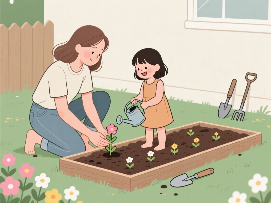 A mother and daughter planting flowers together in a home garden.
