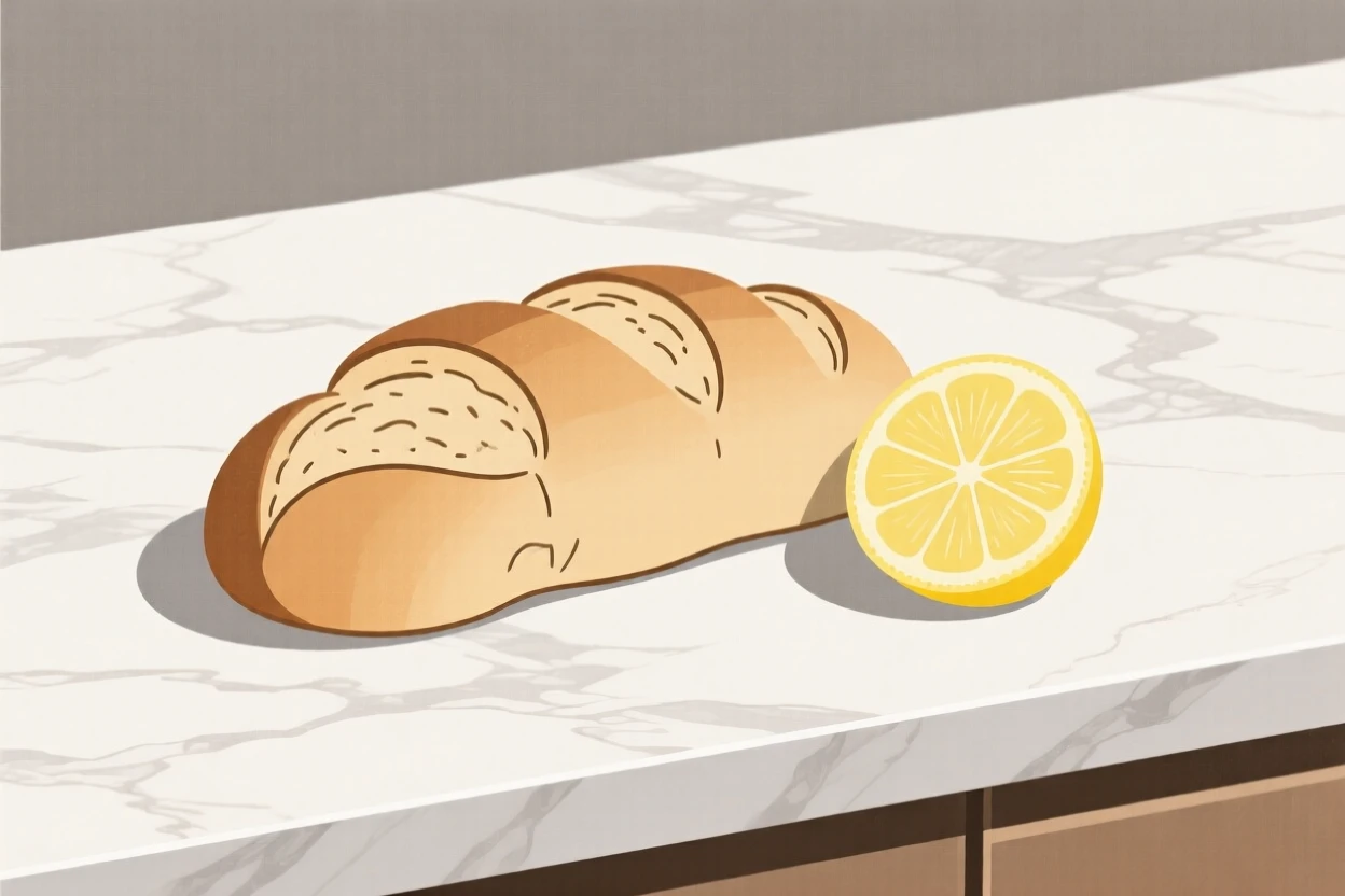 A close-up of loaf of crusty bread arranged beside a slice of lemon in a marble countertop, full of festive celebration.