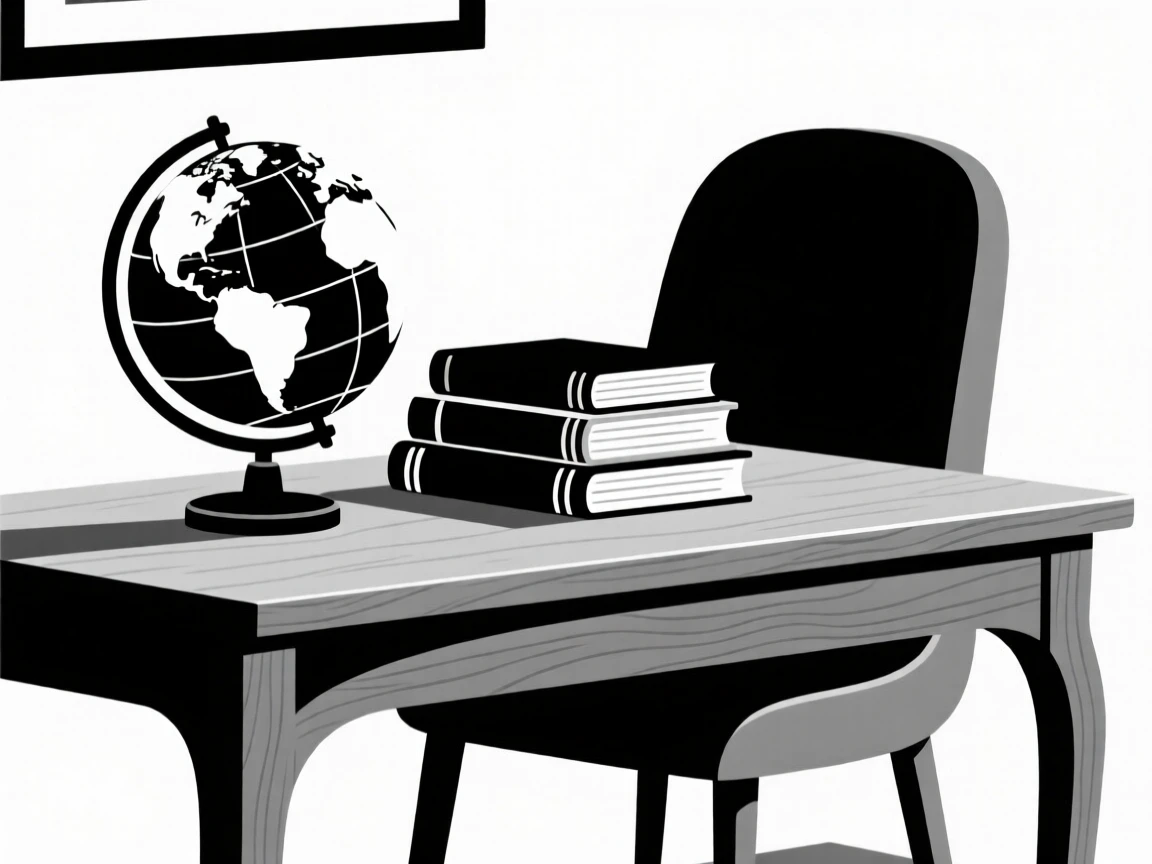 A quiet study nook with a globe and stacks of books.