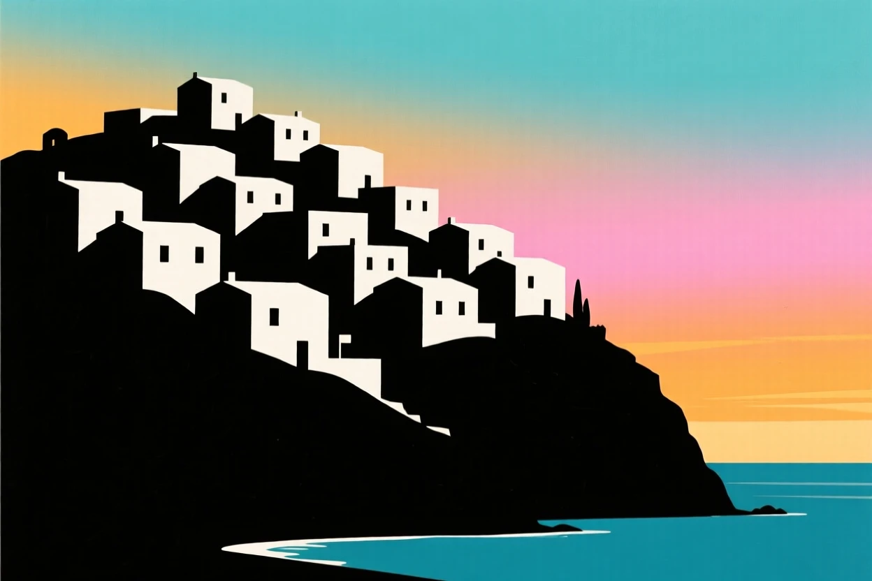 A hillside covered in stacked, whitewashed buildings overlooking the sea.
