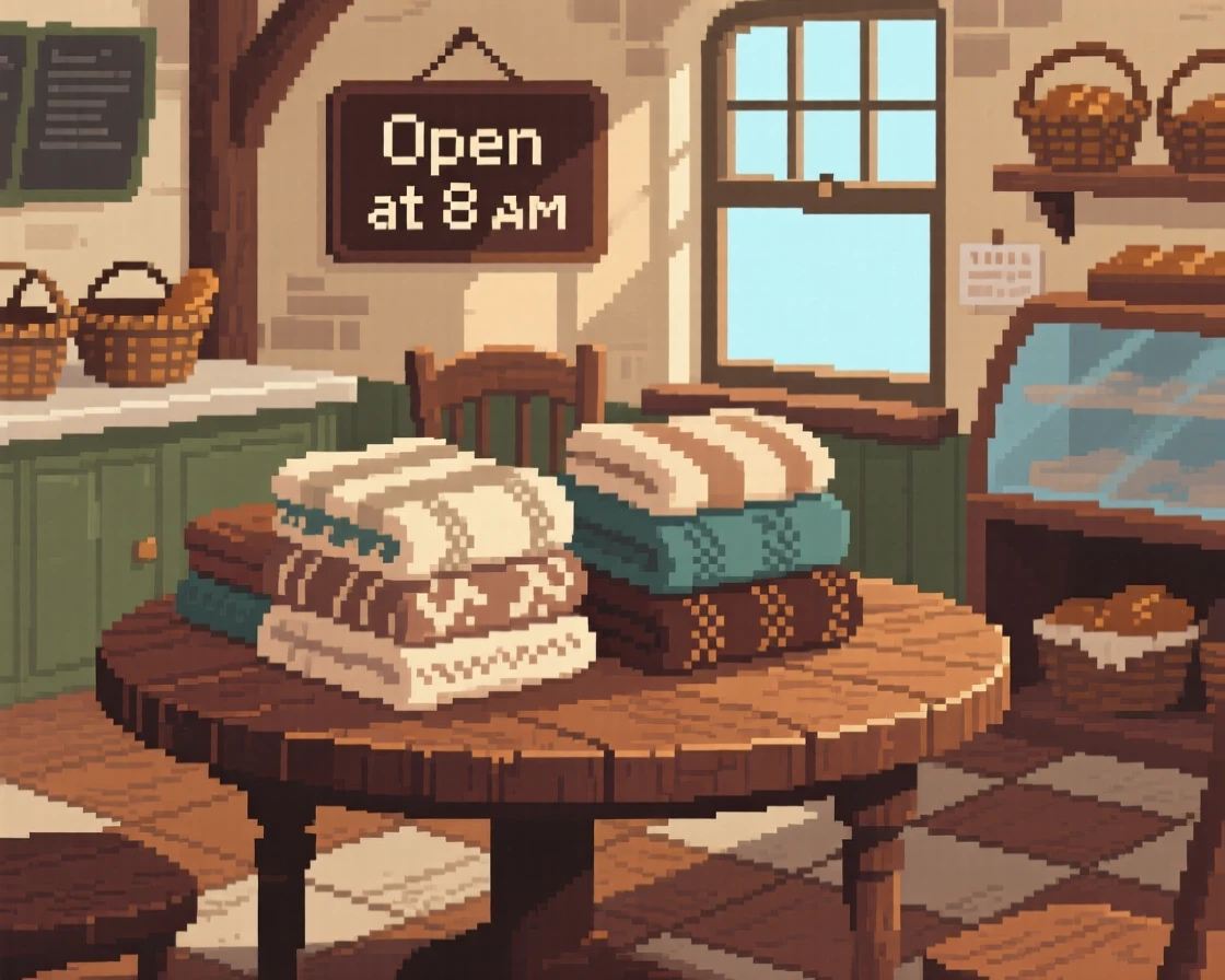 A tea room table piled with hand-knitted blankets, in a village bakery before opening hours.