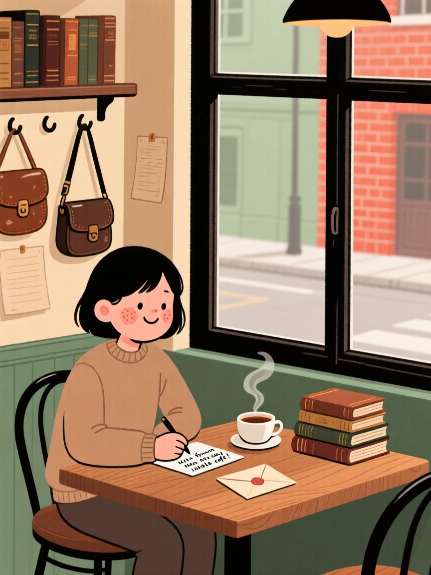 A student sits by the window of a small corner café, writing postcards as the smell of old paper and leather fills the air.