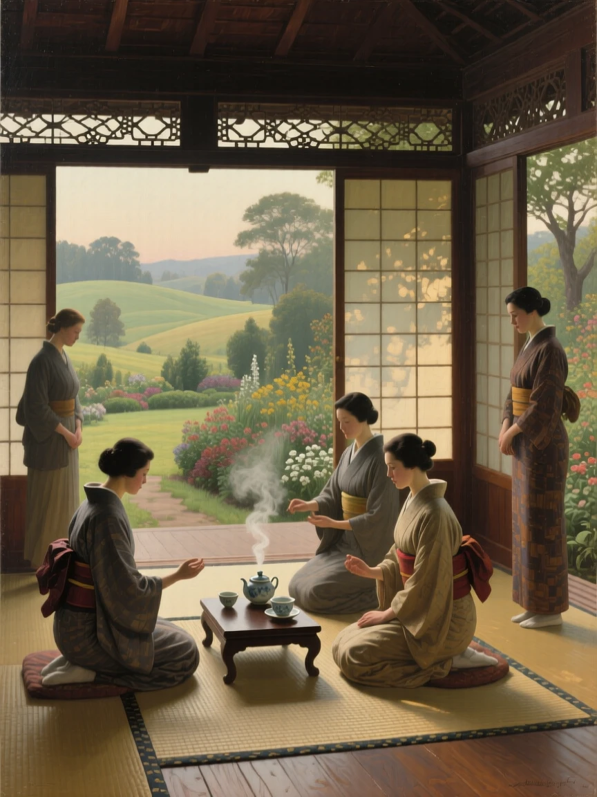 A grand panoramic scene of a traditional tea ceremony performed with quiet grace in a garden pavilion, in the American Midwest, in the 1920s.