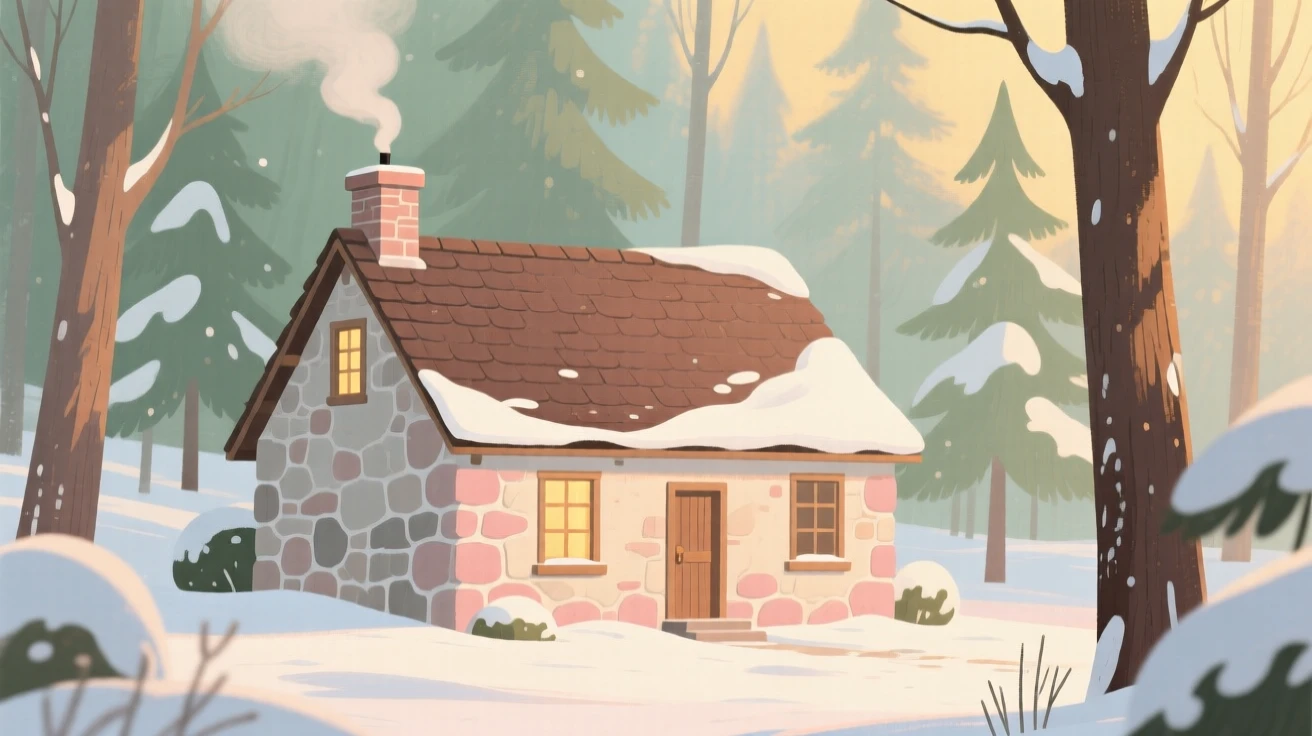A stone cottage with a smoking chimney nestled in a snowy forest