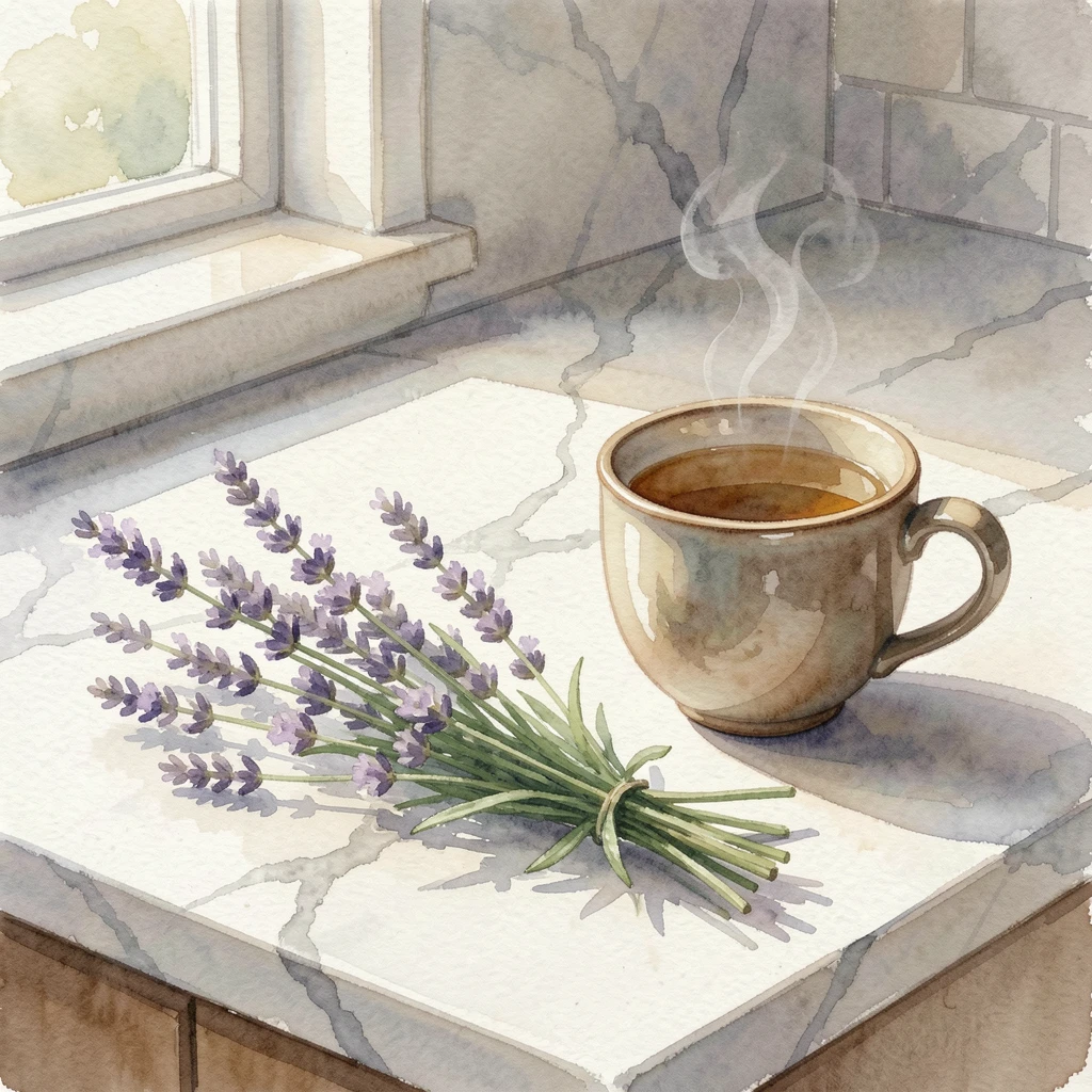 A bunch of lavender sprigs on a marble kitchen counter beside a cup of tea.