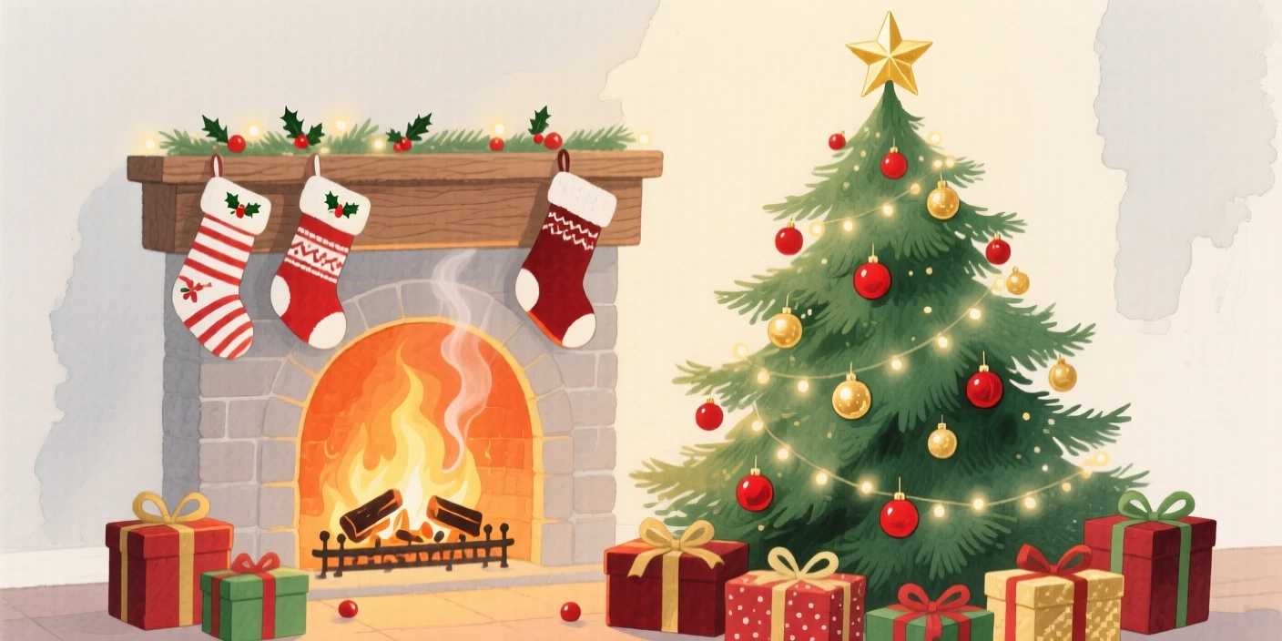A decorated Christmas tree glows beside a crackling fireplace with stockings hung and wrapped presents scattered below