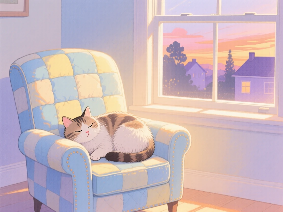 A cat curled up on a quilted armchair by a window, glowing softly as evening falls.