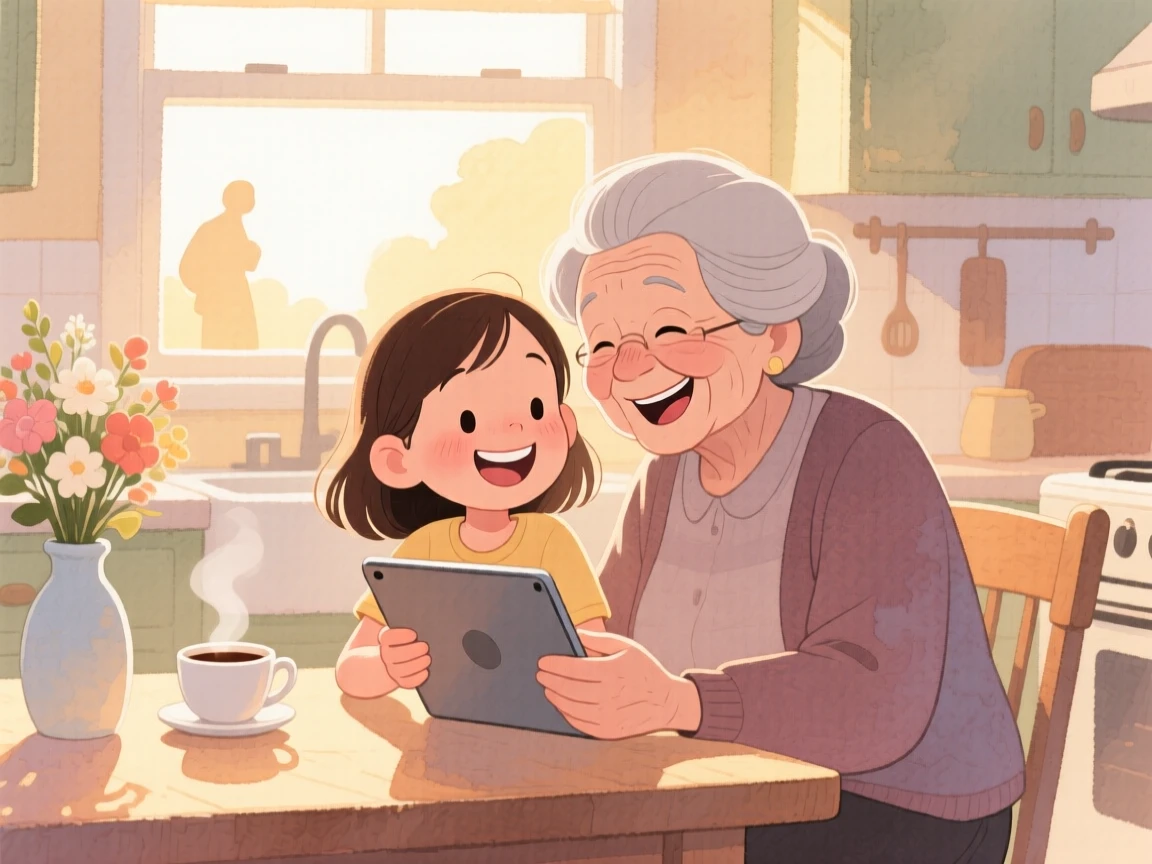 A young girl teaching her grandmother how to use a tablet, both laughing together, amid the quiet hush of an early morning, radiating kindness, hope, and heartfelt emotion.