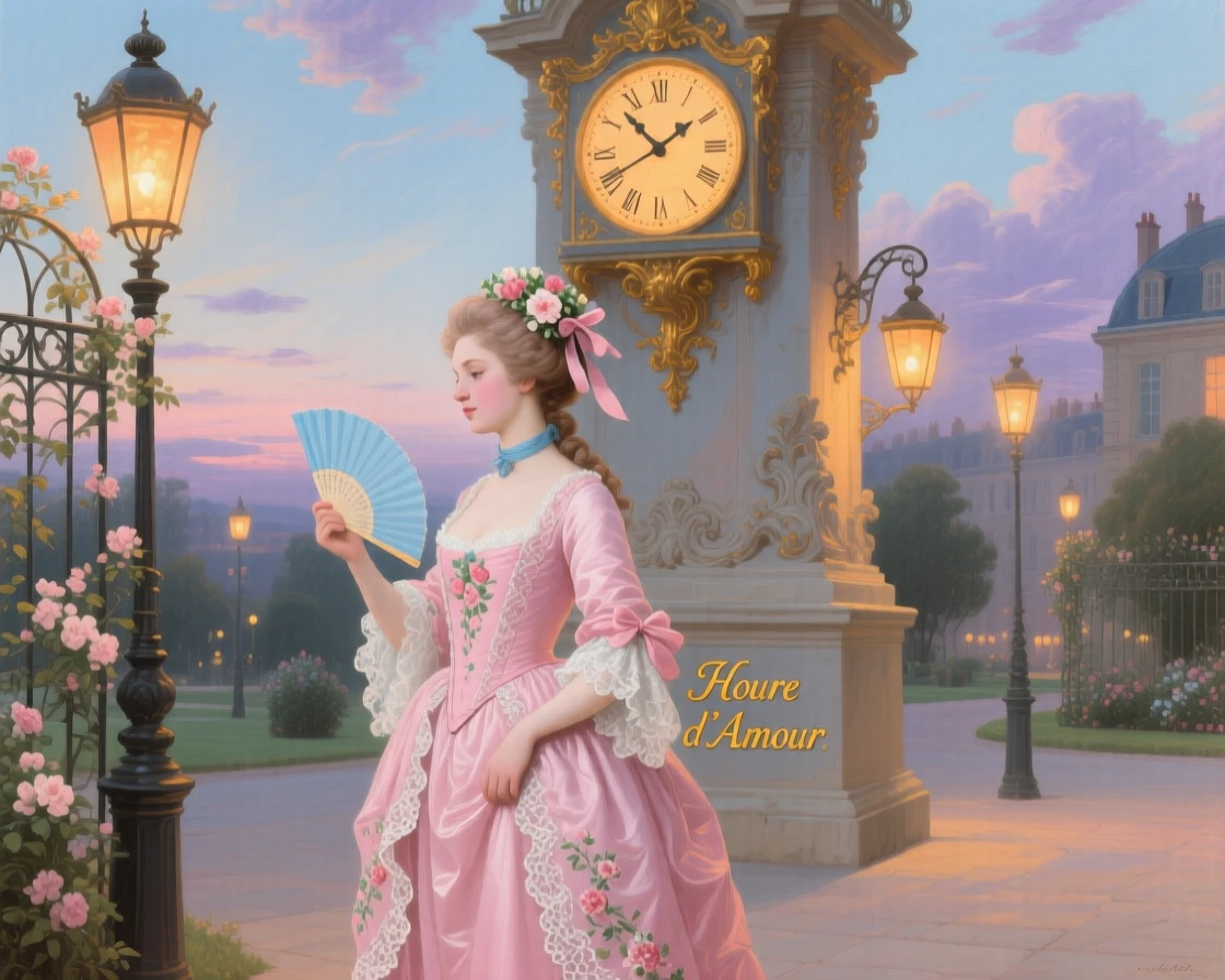 A lady waiting beneath a clock tower as evening lights begin to glow  