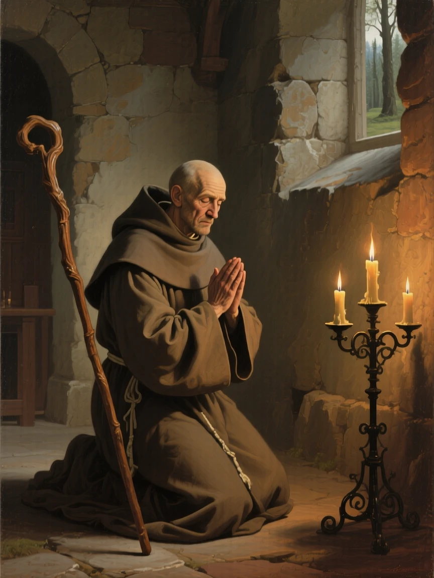 A monk in quiet prayer within a candlelit stone chapel in a moment of profound spiritual clarity, set within a humble village at the edge of a quiet forest, with modest robes, a well-worn staff, and a face lined with quiet devotion; a low, humble viewpoint elevates the sacred over the everyday, filled with serenity and the quiet dignity of devotion.