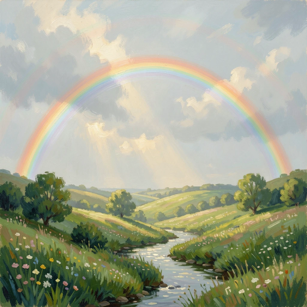 A vivid double rainbow arching over a green valley after a passing summer storm.
