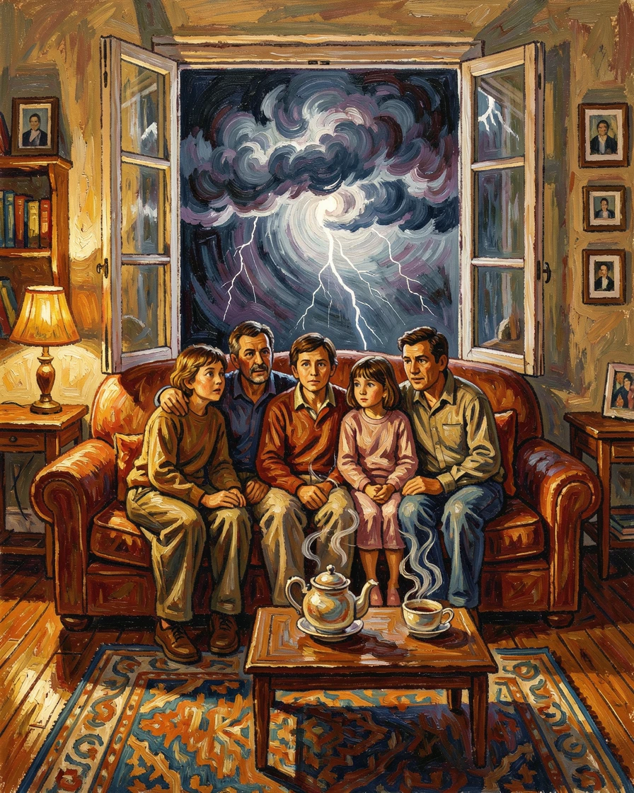 A cozy living room where a family gathers to watch a storm roll in through the window.