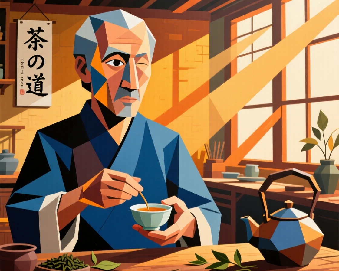 A medium shot portrait of a tea master in a sunlit workshop, focused and content in the craft.
