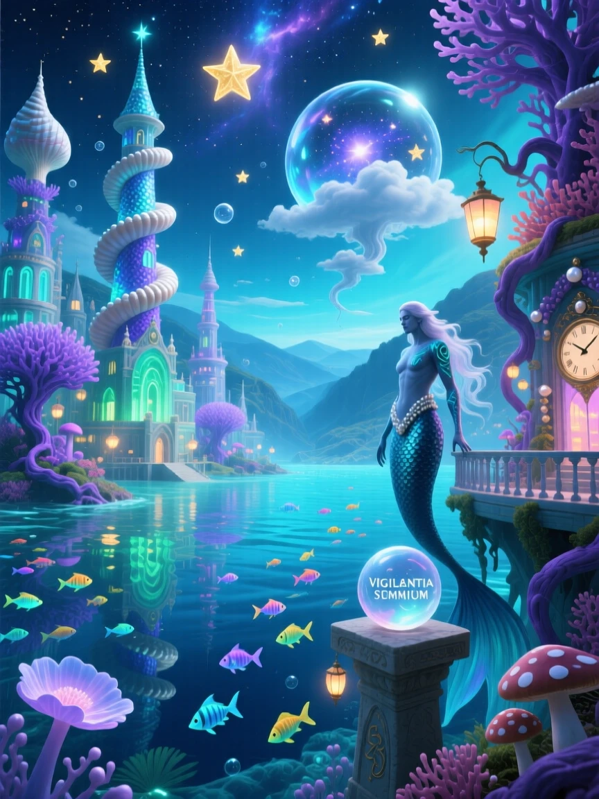 A merfolk city glowing softly beneath a glassy tropical sea watches silently over a sleeping valley below, as the whole scene glows faintly under a starlit sky.