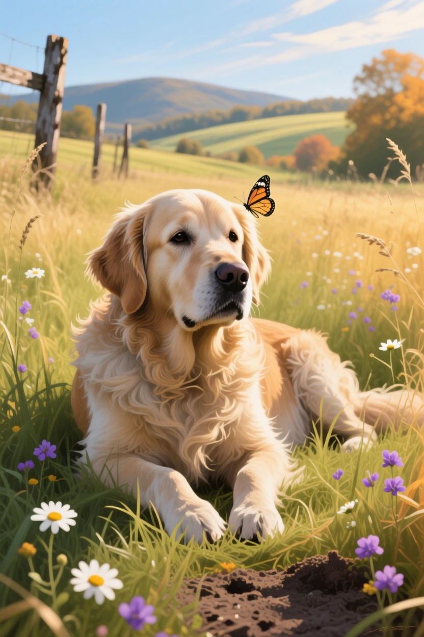 A gentle old golden retriever lies in a field of tall grass, sunlight catching individual strands of its graying golden fur, the surrounding habitat rendered in enough detail to suggest a specific time and place.