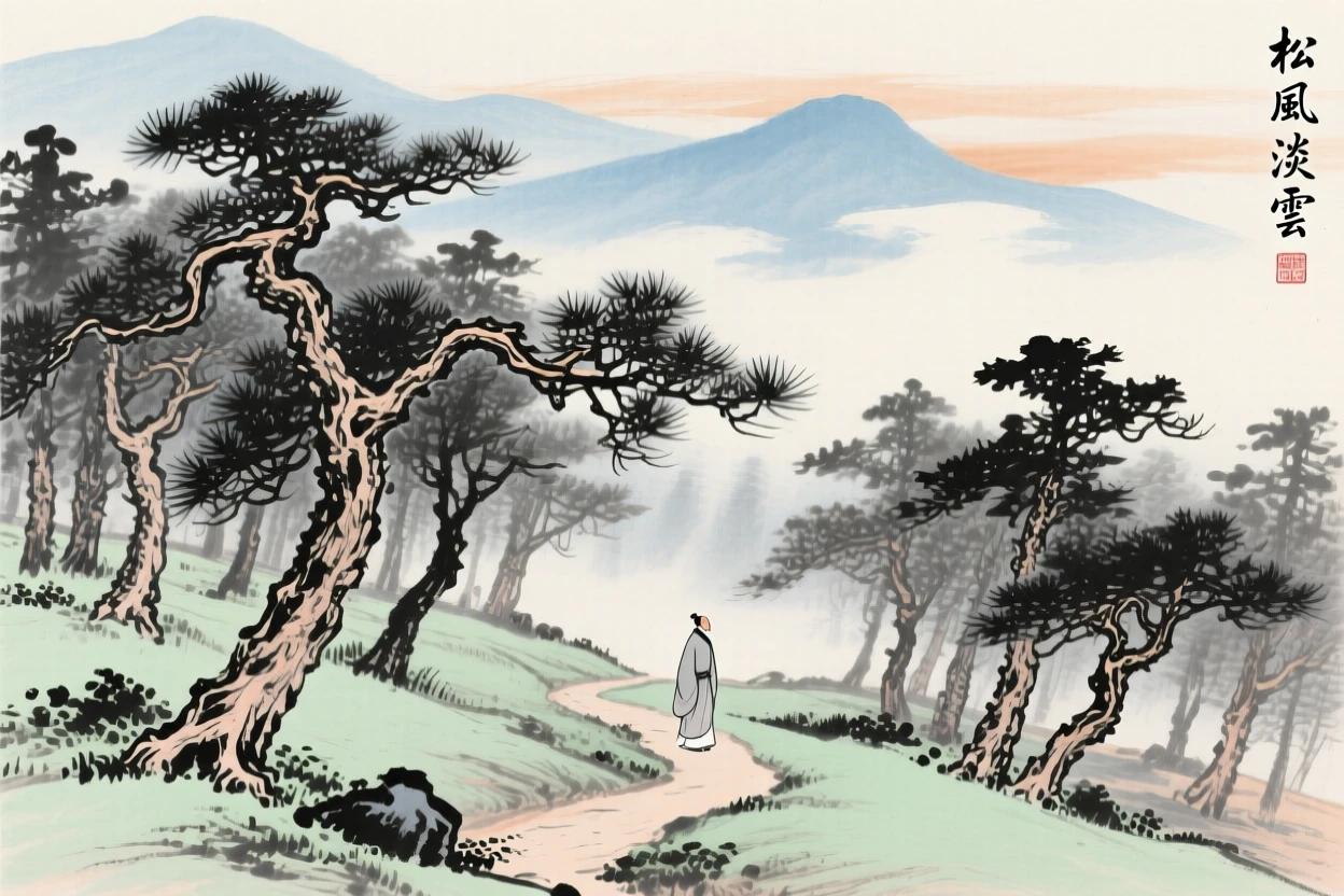 A grove of ancient gnarled pines on a mountainside, with a lone figure walking a narrow path in the distance, beneath low hanging clouds, radiating gentle serenity.