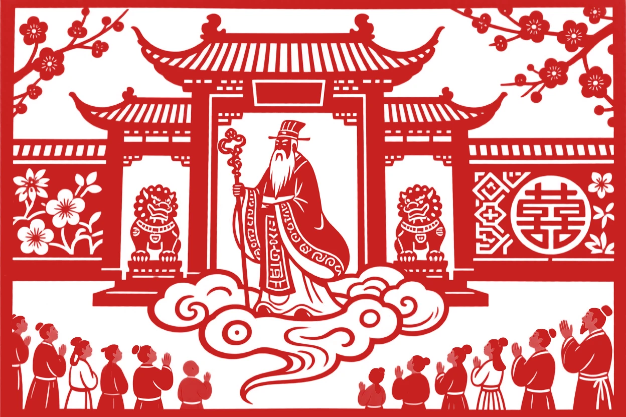 A cloud-riding sage, guarding the gate of a hidden mountain temple, as mortal onlookers watch in awe from below.