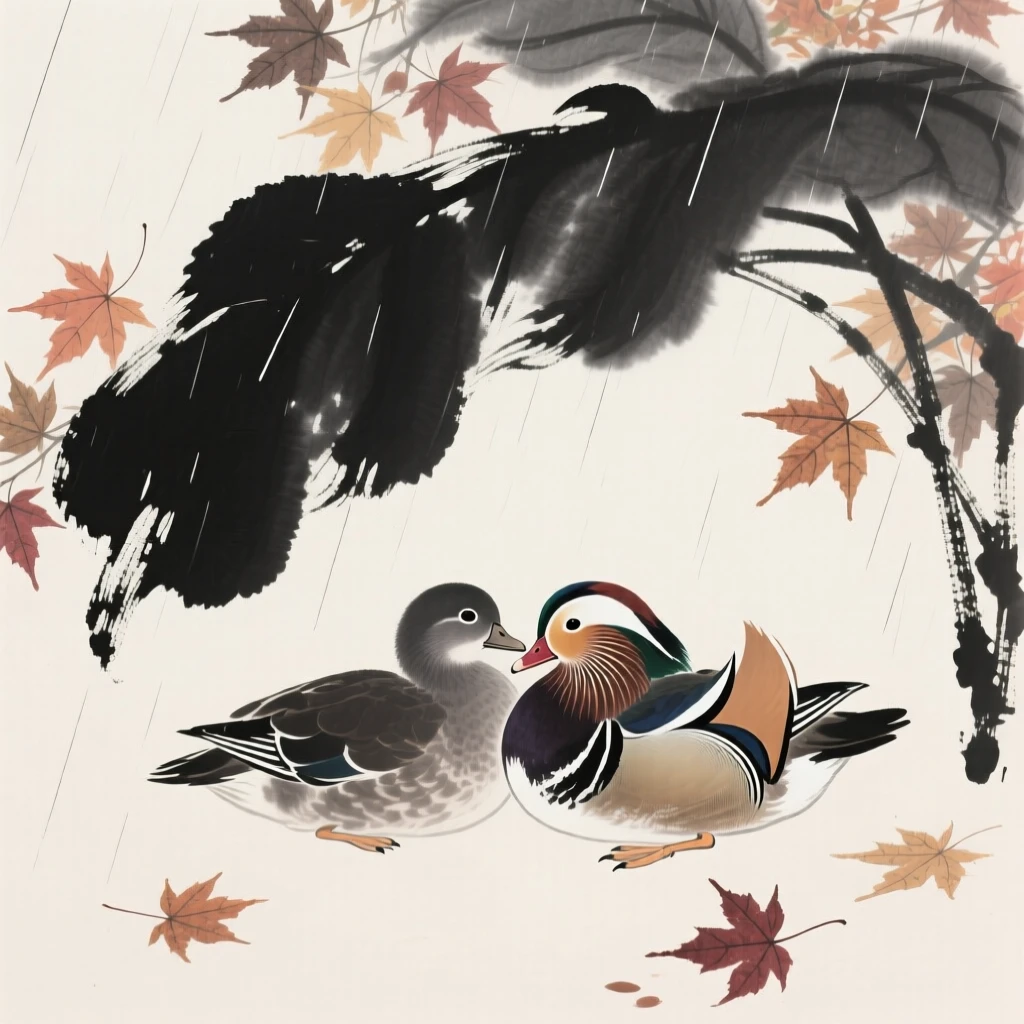 A mandarin duck pair sheltering beneath broad leaves during rain beneath a canopy of autumn maple leaves, silhouetted softly against the fading light, carrying a quiet, poetic stillness.