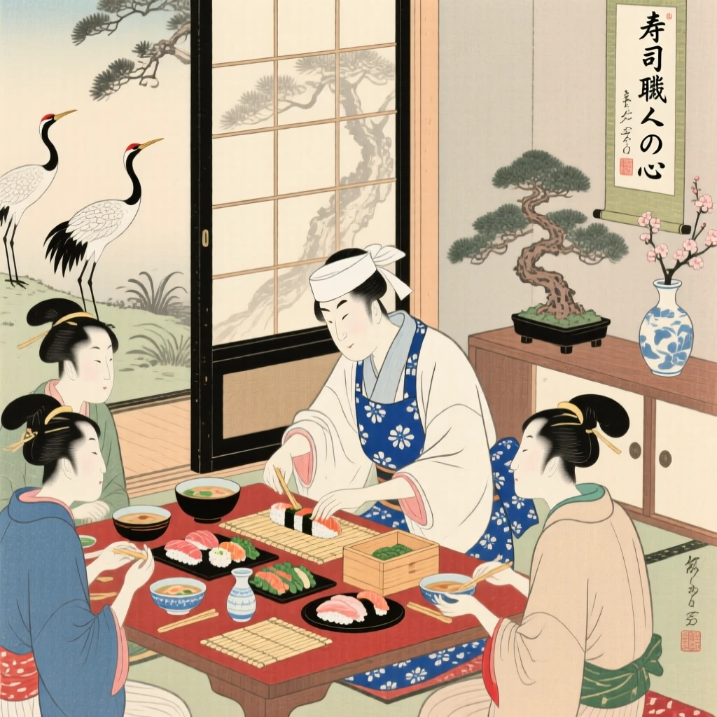 A sushi chef gathered around a table sharing a warm meal.